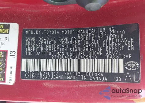 2010 Toyota Corolla S z USA, uszkodzony, nr VIN 2T1BU4EE1AC409110